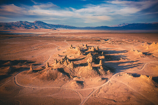 Rock formations of Trona Pinnacles at sunset
