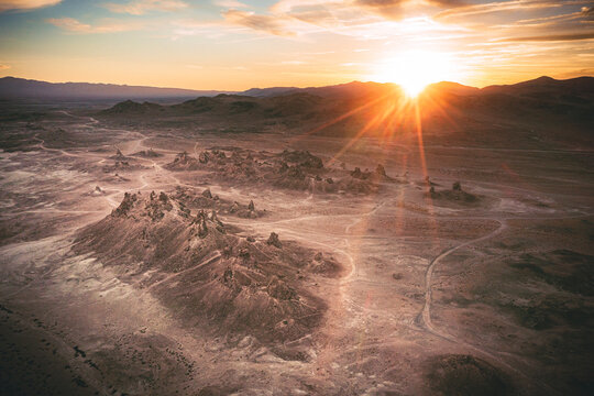 Rock formations of Trona Pinnacles at sunset