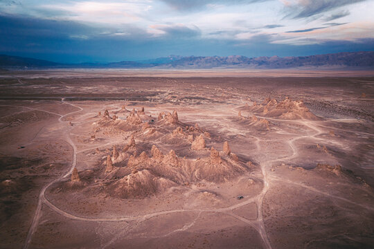 Rock formations of Trona Pinnacles at sunset