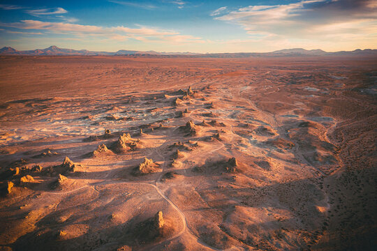 Rock formations of Trona Pinnacles at sunset