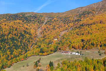 Panorama view on valleys and mountains (Ortler Alps) in the italian alps, Meran, South Tyrol, Italy 