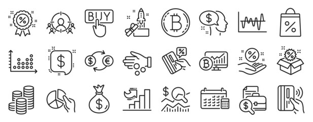Fototapeta na wymiar Set of Finance icons, such as Stock analysis, Loan percent, Sale icons. Shopping bag, Currency exchange, Discount signs. Coins, Contactless payment, Accounting report. Bitcoin, Innovation. Vector