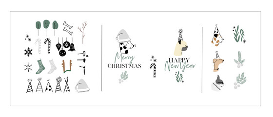 Holiday Logo template set. Vector graphic design, hand drawing illustration bundle of Fall, Winter, Christmas, New Year Holiday theme. Minimal style icon for seasonal promotion and party invitation 