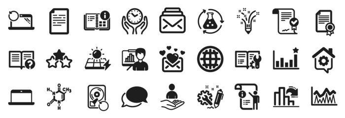 Set of Education icons, such as Solar panels, Recovery hdd, Messenger icons. Globe, Love mail, Recruitment signs. Safe time, Presentation board, Investment. Help, Work home, Inspiration. Vector