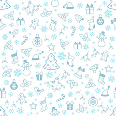 Seamless pattern with Christmas elements blue outline