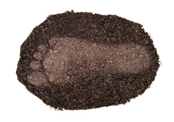 Human footprint on a small soil patch isolated on white