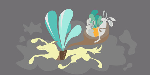 Illustration of a wolf and hares.