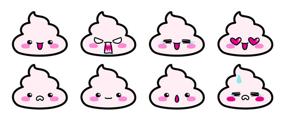 Obraz premium Kawaii foam or whipped cream icons collection in pastel pink color as isolated vector illustration on a white background