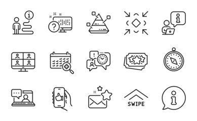 Technology icons set. Included icon as Travel compass, Medical calendar, Online quiz signs. Pyramid chart, Minimize, Like app symbols. Friends chat, Favorite mail, Time management. Vector