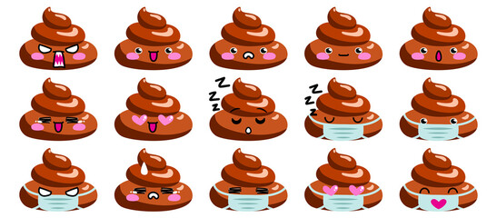 Shit or turd emoji vector icon big set with faces - happy, angry, tired, laughing, crying, smiling, tired, bored, with medical mask. Isolated illustration in flat cartoon and kawaii style