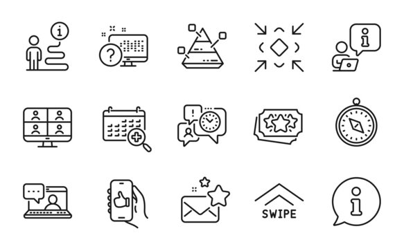 Technology Icons Set. Included Icon As Travel Compass, Medical Calendar, Online Quiz Signs. Pyramid Chart, Minimize, Like App Symbols. Friends Chat, Favorite Mail, Time Management. Vector