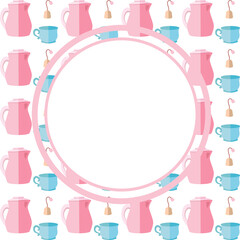 Abstract vector background with teapot and cup shapes and white circle as a template for your social media content and banners or flyers