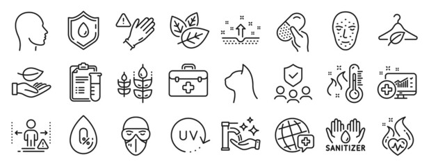 Set of Healthcare icons, such as Face biometrics, Uv protection, Clean skin icons. Pets care, Medical analyzes, Blood donation signs. First aid, Hand sanitizer, Leaf. Head, Cardio training. Vector