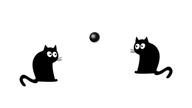 Two black cats watching a ball, animation on the white background (seamless loop)