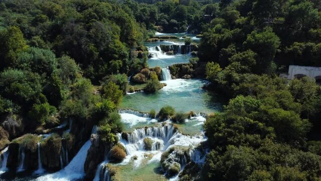 Aerial view of amazing Skradinski buk waterfall in Krka National Park, Croatia.