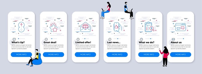 Technology icons set. UI phone app screens with teamwork. Included icon as Like app, Swipe up, Accounting report signs. Web mail, Ranking stars, Browser window line icons. Vector