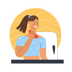 Morning routine. A young woman is having breakfast. The woman is eating a croissant. Vector illustration in cartoon style.