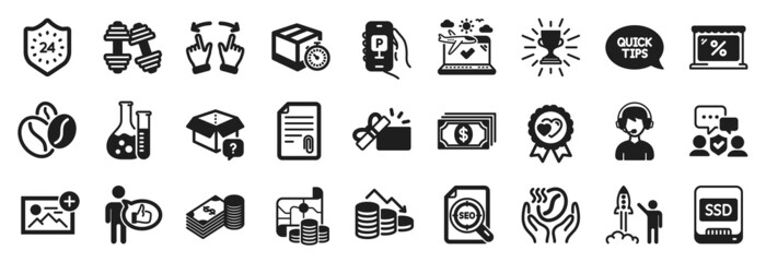 Set of Business icons, such as Trophy, Add photo, Like icons. Opened gift, Dumbbells, Coffee beans signs. Seo file, Treasure map, Delivery timer. Parking app, Quickstart guide, Market. Ssd. Vector