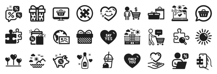 Set of Holidays icons, such as Sea mountains, Gift, Web photo icons. Discounts chat, No puzzle, Love champagne signs. Buyer think, Sun, Ice cream milkshake. Airplane travel, Gift box. Vector