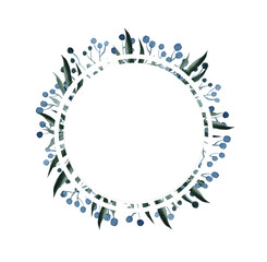 Watercolor round frame with blue and blue leaves. Winter plants. Design. Free space for text