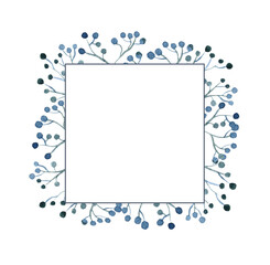 Watercolor square frame with blue and blue leaves. Winter plants. Design. Free space for text