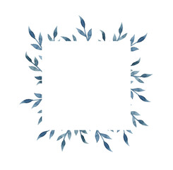 Obraz premium Watercolor square frame with blue and blue leaves. Winter plants. Design. Free space for text
