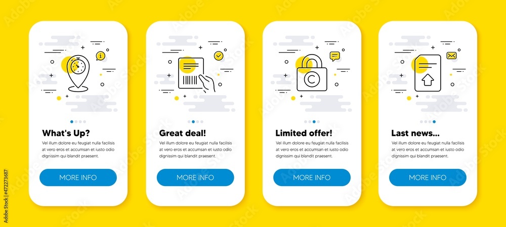 Poster vector set of copyright locker, parcel invoice and timer line icons set. ui phone app screens with l