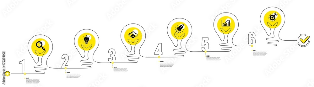 Poster lightbulb journey path infographics. business infographic timeline with 6 steps. workflow process di