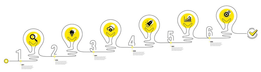 Lightbulb journey path infographics. Business Infographic timeline with 6 steps. Workflow process diagram with Research Idea, Working, Growth chart and Goal target icons. Vector
