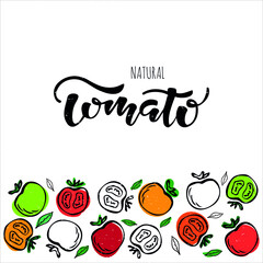 Tomato hand sketched lettering. Vector illustration. Concept for organic food, farmers market, natural product design. Tomato logo, banner, flyer, badge, icon.
