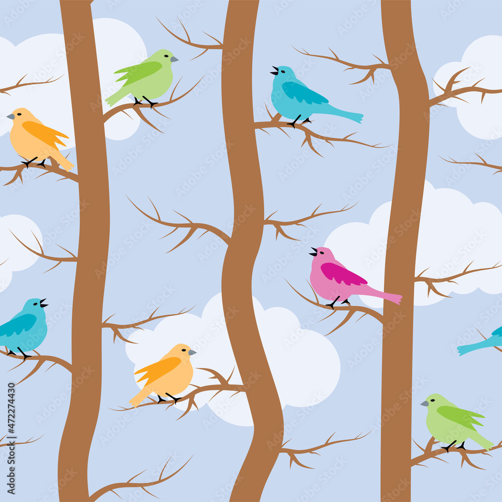 Poster vector seamless repeating pattern with birds and trees
