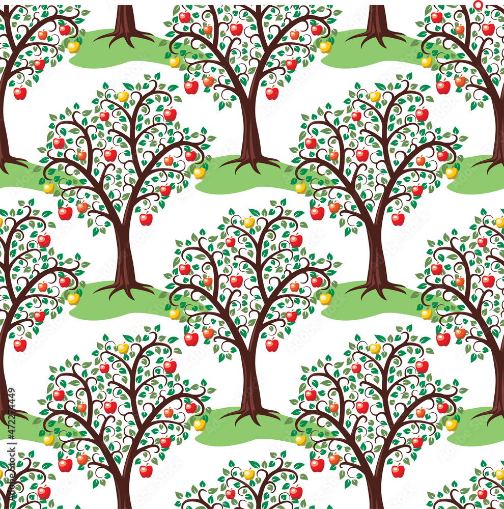 Poster vector seamless repeating pattern with apple trees with fruits