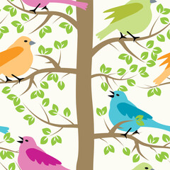 vector seamless repeating pattern with birds and trees