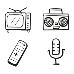 Hand drawn icon retro TV, tape recorder, microphone in doodle style isolated