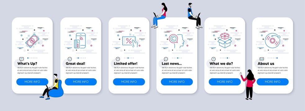 Line icons set. UI phone app screens with teamwork. Included icon as Discount coupon, Packing boxes, Payment signs. Contactless payment, Writer, Vinyl record line icons. Vector