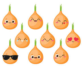 Cartoon cute yellow onion character emoji set