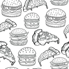 Burgers, pizza, fast food vector seamless pattern isolated on bright background. Concept for cards, print, menu