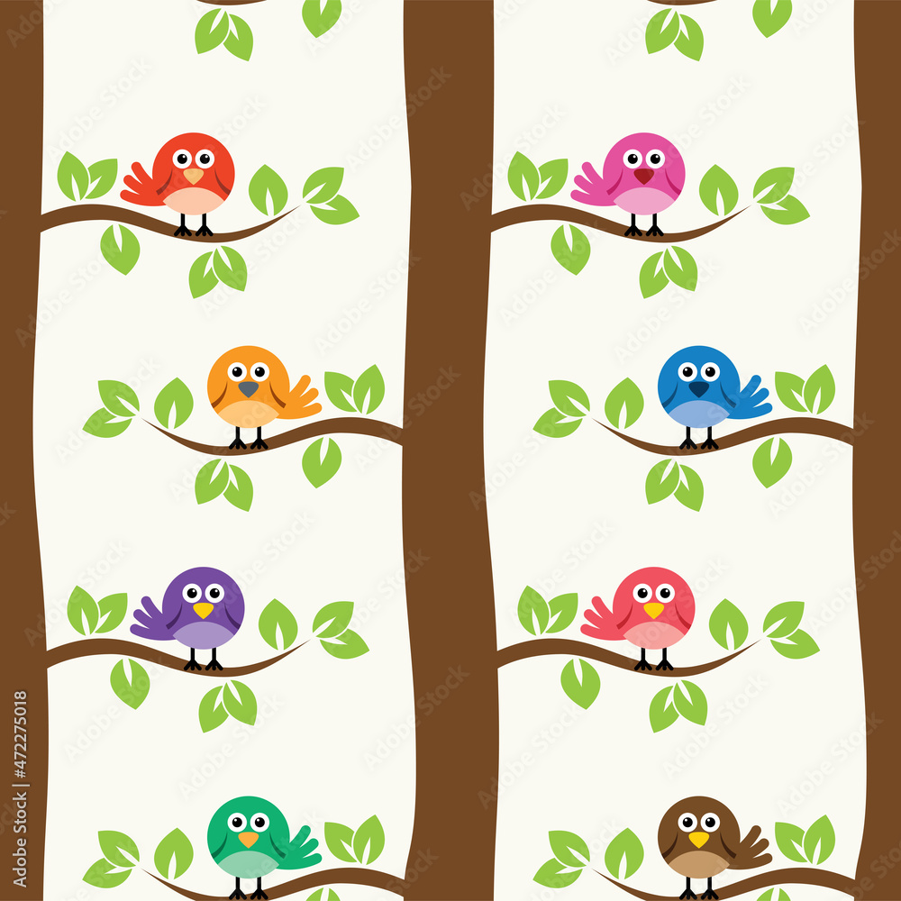 Poster vector seamless repeating pattern with birds and trees