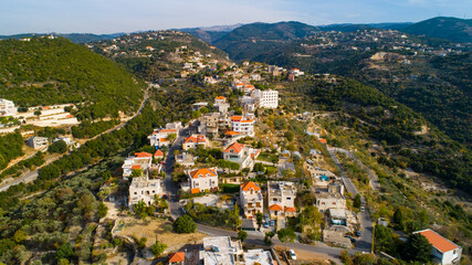 Village view from above. Houses and valley view
