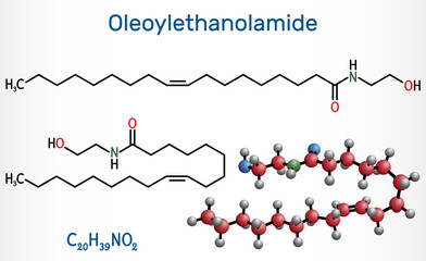 Oleoylethanolamide, oleoyl ethanolamide, OEA molecule. It is ethanolamide of oleic acid, monounsaturated analogue of endocannabinoid anandamide. Structural chemical formula, molecule model