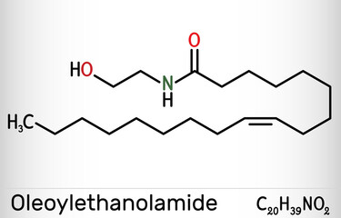 Fototapeta premium Oleoylethanolamide, oleoyl ethanolamide, OEA molecule. It is ethanolamide of oleic acid, monounsaturated analogue of endocannabinoid anandamide. Skeletal chemical formula