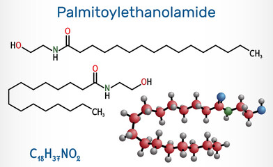 Palmitoylethanolamide, palmitoyl ethanolamide, palmidrol, PEA molecule. It is endogenous fatty acid amide, used as prophylactic of respiratory viral infection. Structural formula, molecule model
