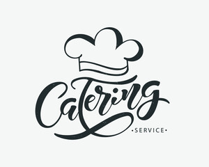 Template of catering service company logo. Hand sketched lettering typography. 
Vector logo design. Outdoor events and restaurant service logo isolated on black background. 