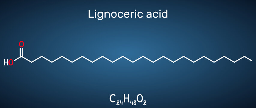Lignoceric acid, tetracosanoic acid, saturated fatty acid molecule. Occurs naturally in wood tar, in small amount in most natural fats. Structural chemical formula on the dark blue background