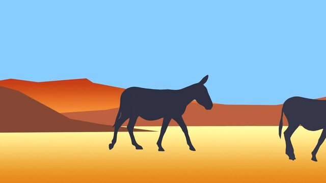 Desert landscape with mountains and walking donkeys (animation, seamless loop)