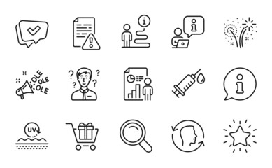 Business icons set. Included icon as Medical syringe, Support consultant, Shopping cart signs. Business report, Approved, Ole chant symbols. Face id, Fireworks, Search. Instruction manual. Vector