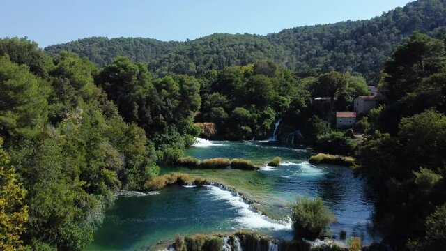 Aerial view of amazing Skradinski buk waterfall in Krka National Park, Croatia.