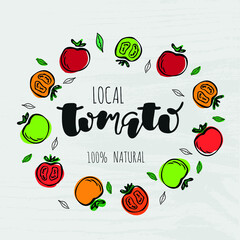 Tomato hand sketched lettering. Vector illustration. Concept for organic food, farmers market, natural product design. Tomato logo, banner, flyer, badge, icon.