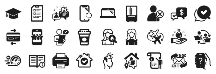 Set of Business icons, such as E-mail, Work home, Star icons. Connecting flight, Payment received, Graduation cap signs. Woman, Credit card, Customer survey. Approved, Technical info, Idea. Vector