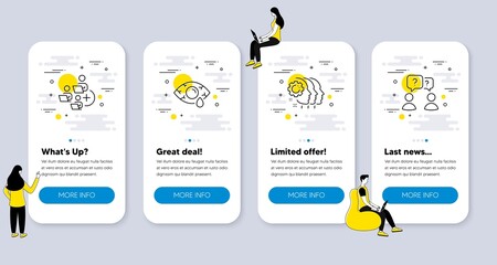 Set of People icons, such as Add team, Ð¡onjunctivitis eye, Employees teamwork icons. UI phone app screens with people. Teamwork questions line symbols. Vector